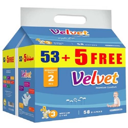 Velvet Baby Diapers Size3 from4to9Kg Medium 53Diapers+5Free