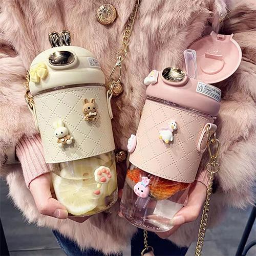 Bear Charm Plastic Water Bottle with Gold Chain in Small Bear Design