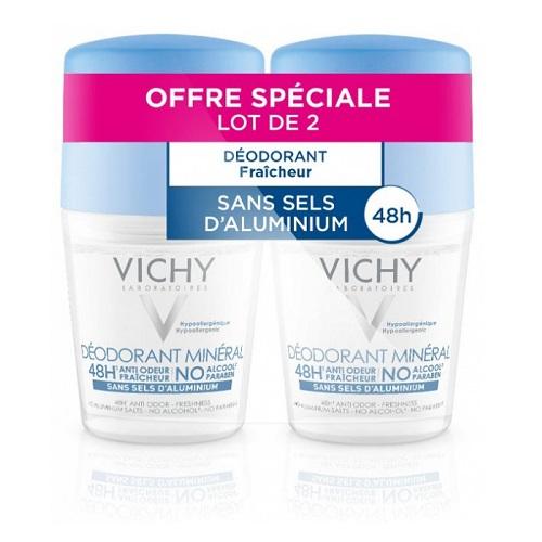 Vichy Mineral Deodorant Roll on 48Hrs Alcohol Free Comfort Sensitive Son and Odor Active of Natural Origin 50ml 2Pcs Offer