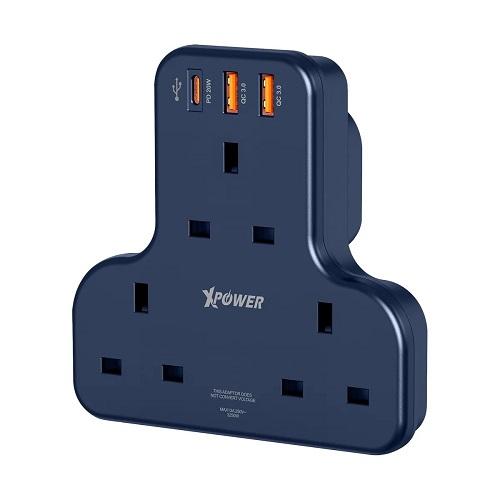 XPower WSS2 PD T Shaped Extension Socket with 3Outlet 20W Black Model No.XP-WSS2-BK