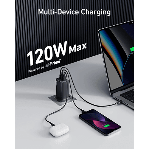 انكر 737 جان برايم شاحن 120واط مزدوج المنافذ Type C ومنفذ USB اسود رقم.14435