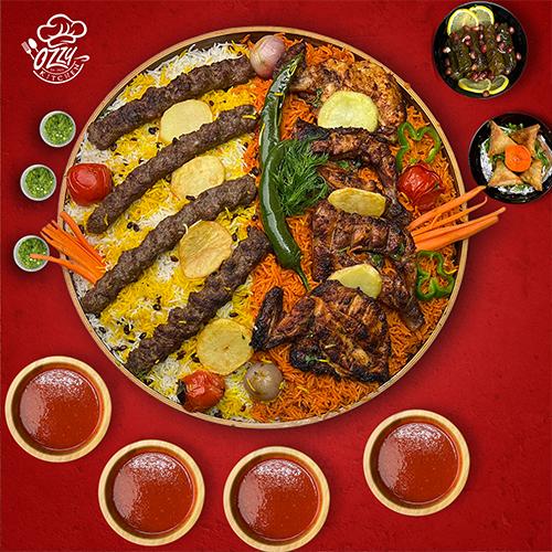 Half Saffron Rice with Kebab Red Rice and Chicken on Charcoal Enough for 3Persons