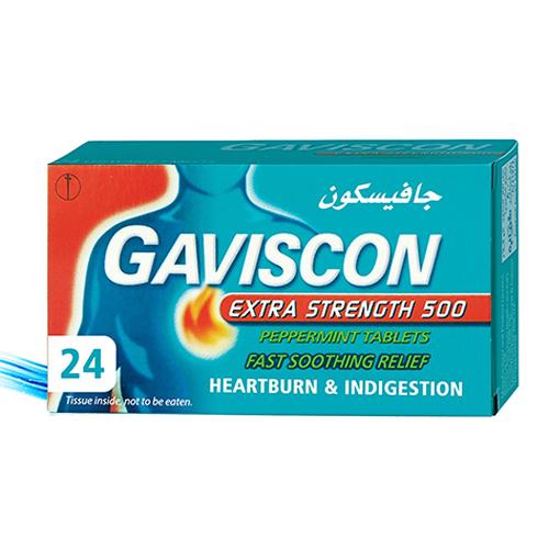 Gaviscon Extra Strength 500mg Fast Soothing Relief for Heartburn and Acidity with Peppermint 24Tablets
