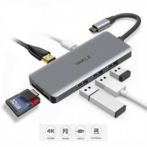 اي ووك استيشن هاب محول 7في1 100واط Type C متعدد المنافذ رمادي