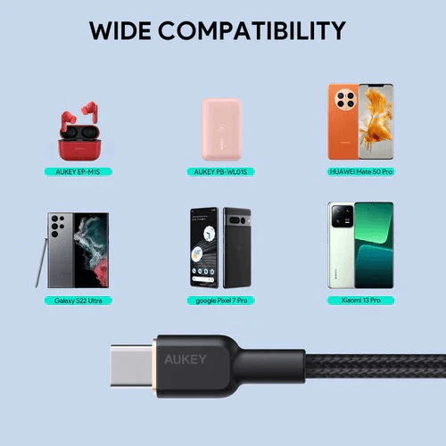 اوكي كابل نايلون مضفر Type C الى Type C مضفر من النايلون بطول 1.8م مع شاشة LCD بقوة 100واط اسود