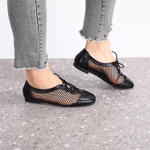 Flat Net Shoes Leather Black