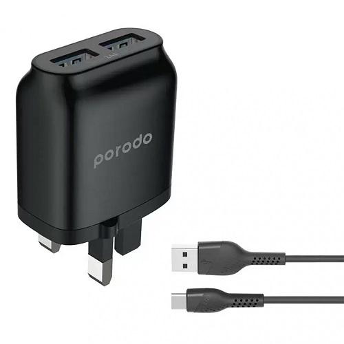 بورودو شاحن حائط ثنائي USB بقوة 2.4امبير مع كابل Type C من PVC بطول 1.2م اسود موديل رقم.PDFWCH011CBK