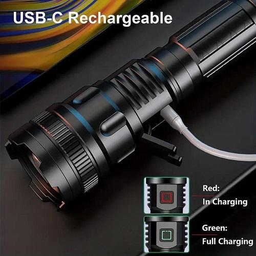 سكاي مصباح LED يدوي  مقاوم للماء بقوة 5000لومن مع مؤشر بطارية USB C