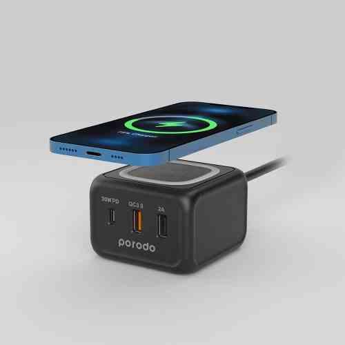 بورودو شاحن المكتبي بمنفذين USB ومنفذ Type C وشاحن سريع ولاسلكي اسود