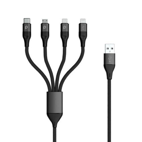 Porodo 4in1 Aluminum Braided Cable USB to Lightning 2X Micro USB Type C 1.2m 2.4A Black