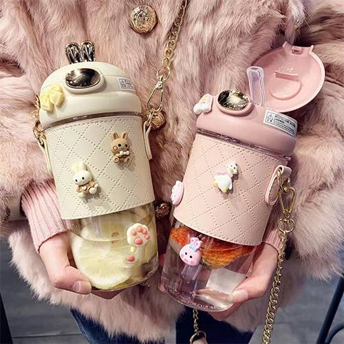 Bear Charm Plastic Water Bottle with Gold Chain in Small Bear Design