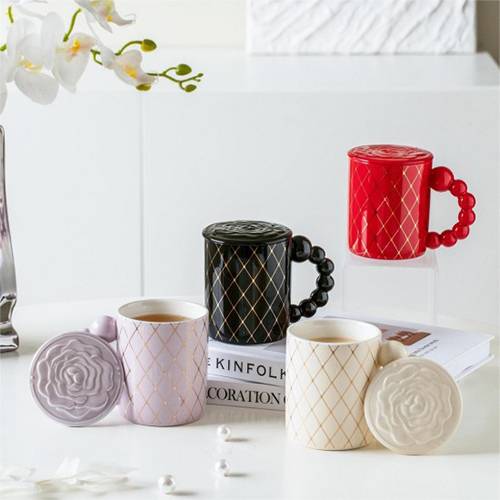 Floral Plaid Ceramic Cup with Round Lid