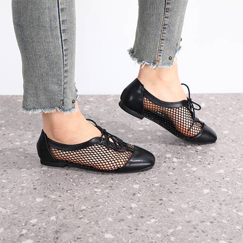 Flat Net Shoes Leather Black